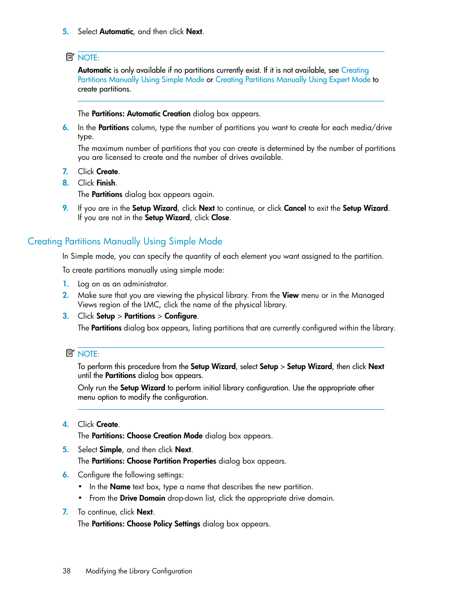 Creating partitions manually using simple mode | HP StoreEver ESL G3 Tape Libraries User Manual | Page 38 / 286