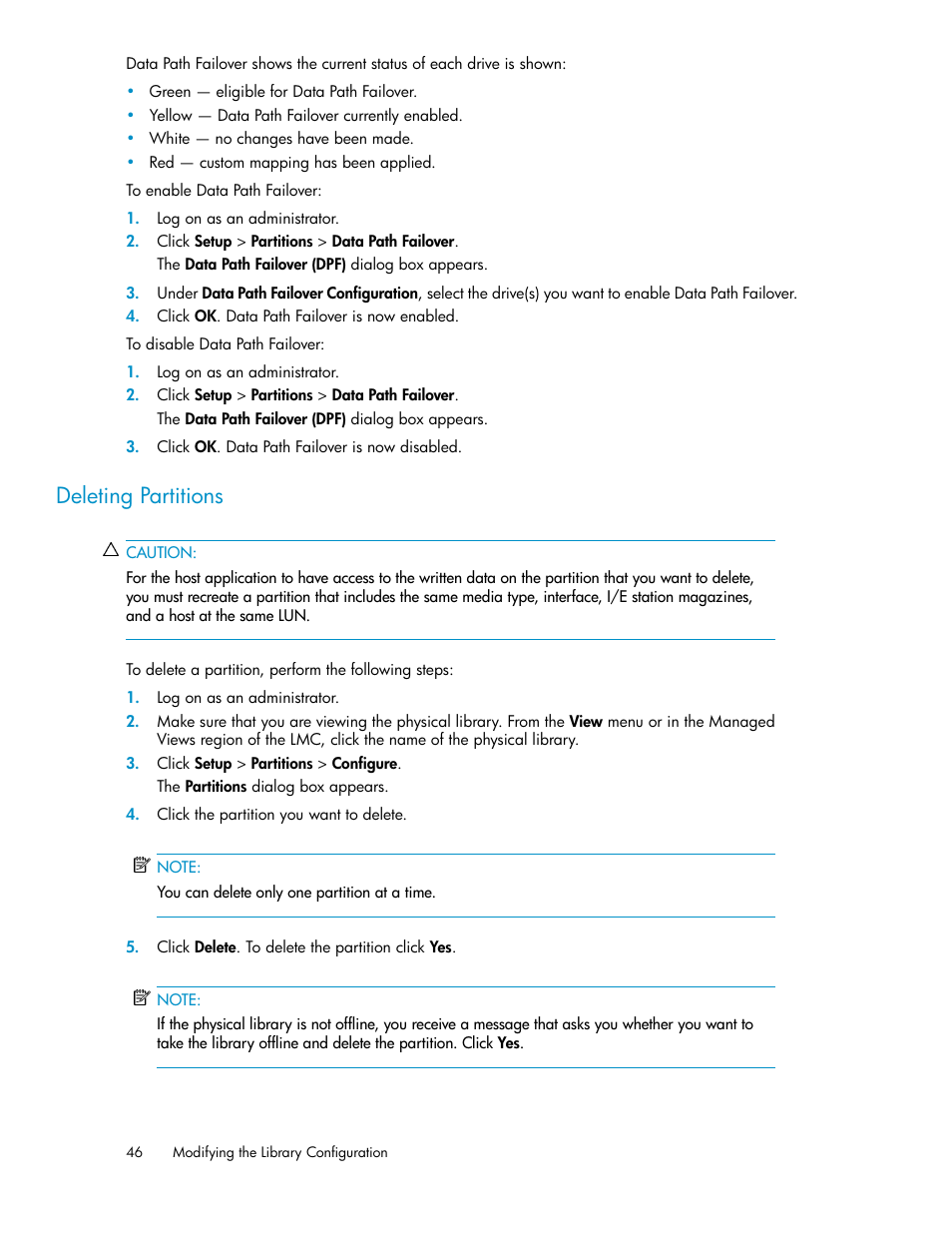 Deleting partitions | HP StoreEver ESL G3 Tape Libraries User Manual | Page 46 / 286