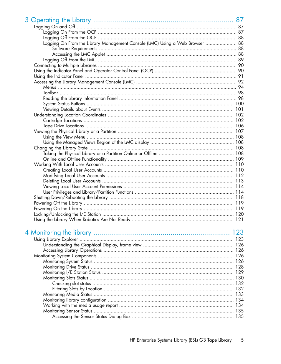 3 operating the library, 4 monitoring the library | HP StoreEver ESL G3 Tape Libraries User Manual | Page 5 / 286