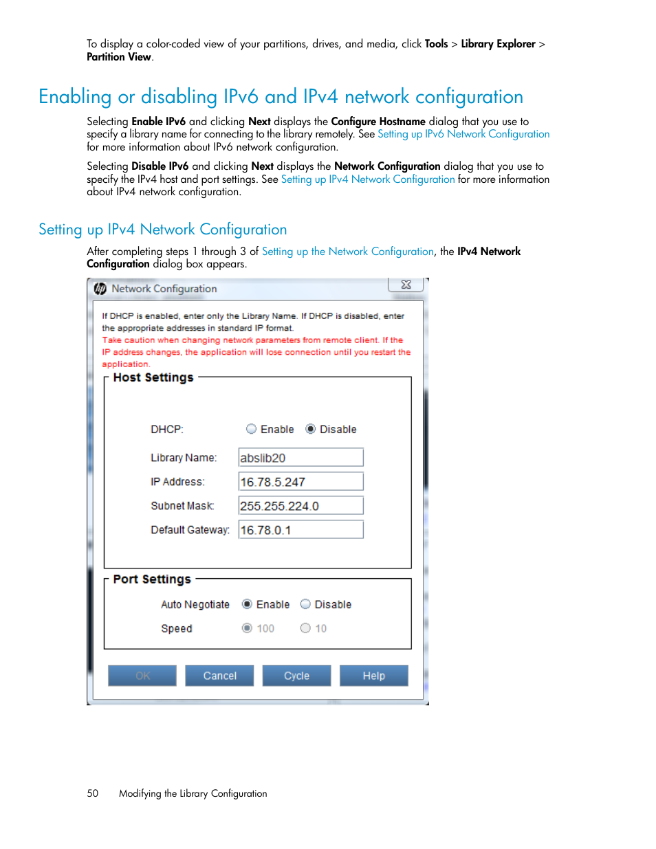 Setting up ipv4 network configuration | HP StoreEver ESL G3 Tape Libraries User Manual | Page 50 / 286