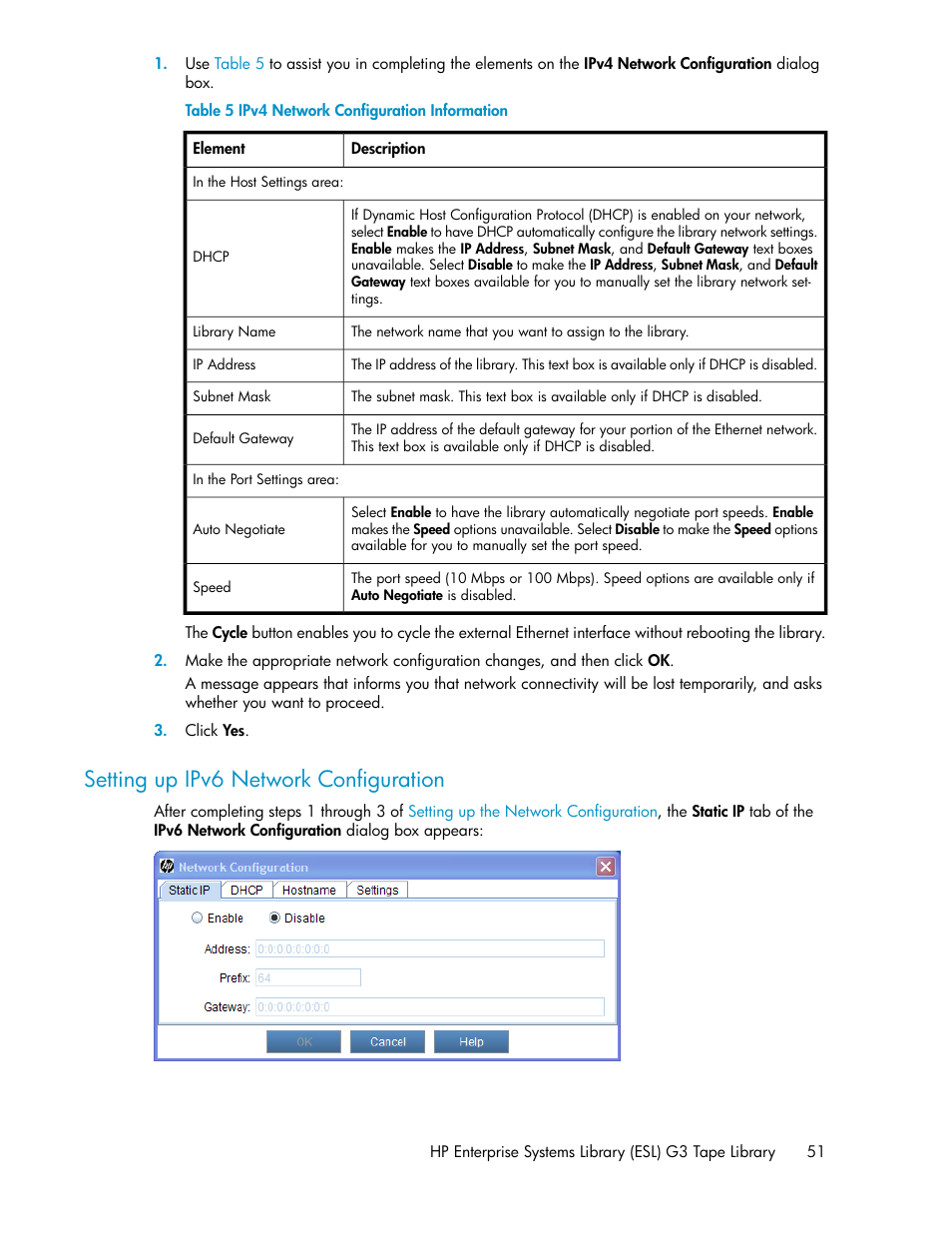 Setting up ipv6 network configuration, Ipv4 network configuration information | HP StoreEver ESL G3 Tape Libraries User Manual | Page 51 / 286