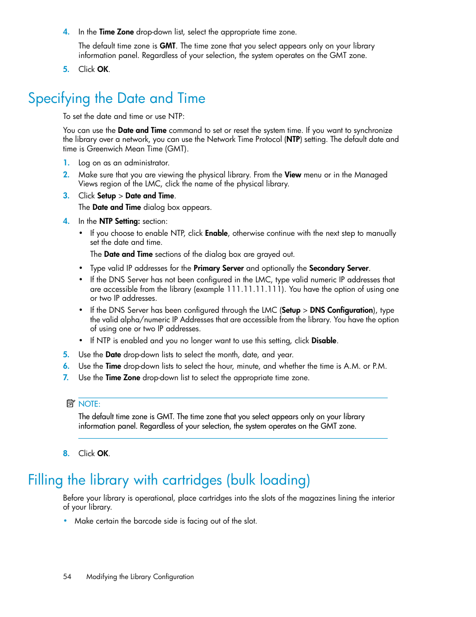 Specifying the date and time, Filling the library with cartridges (bulk loading) | HP StoreEver ESL G3 Tape Libraries User Manual | Page 54 / 286