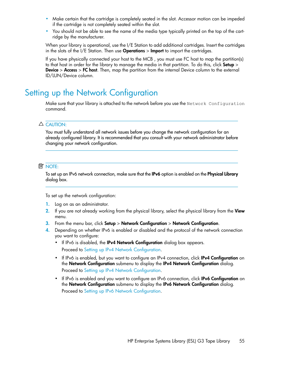 Setting up the network configuration | HP StoreEver ESL G3 Tape Libraries User Manual | Page 55 / 286