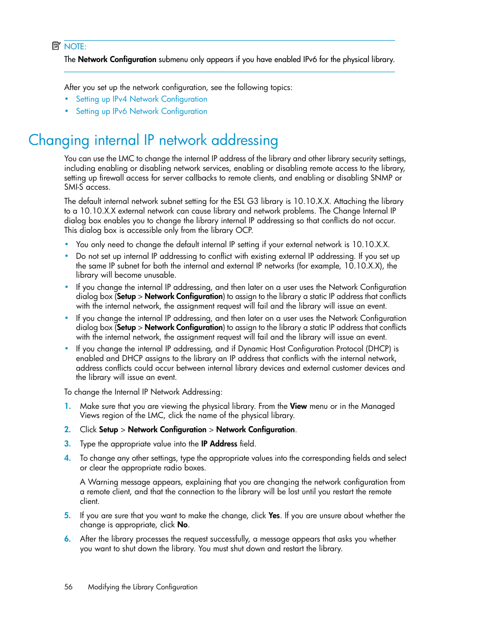 Changing internal ip network addressing | HP StoreEver ESL G3 Tape Libraries User Manual | Page 56 / 286