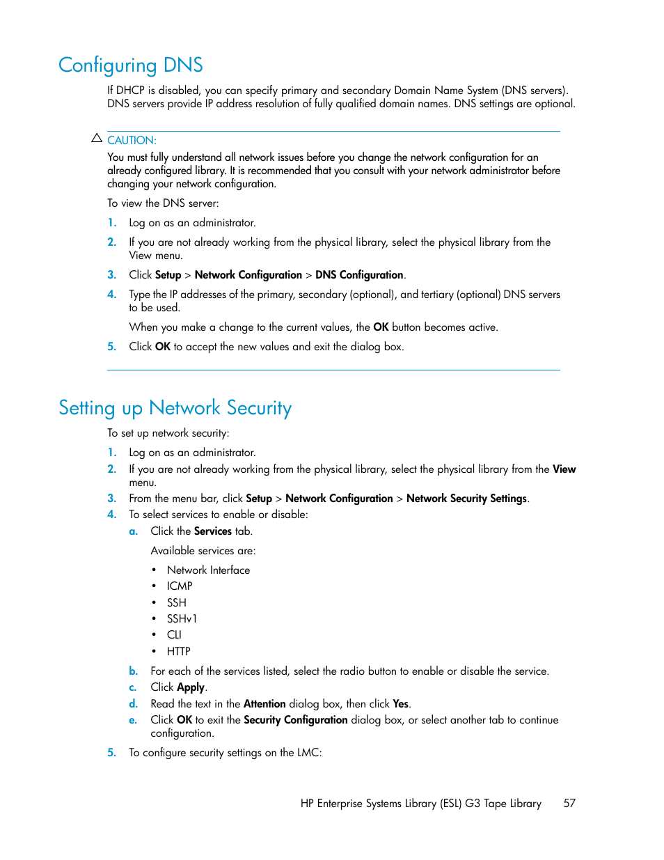 Configuring dns, Setting up network security, 57 setting up network security | HP StoreEver ESL G3 Tape Libraries User Manual | Page 57 / 286