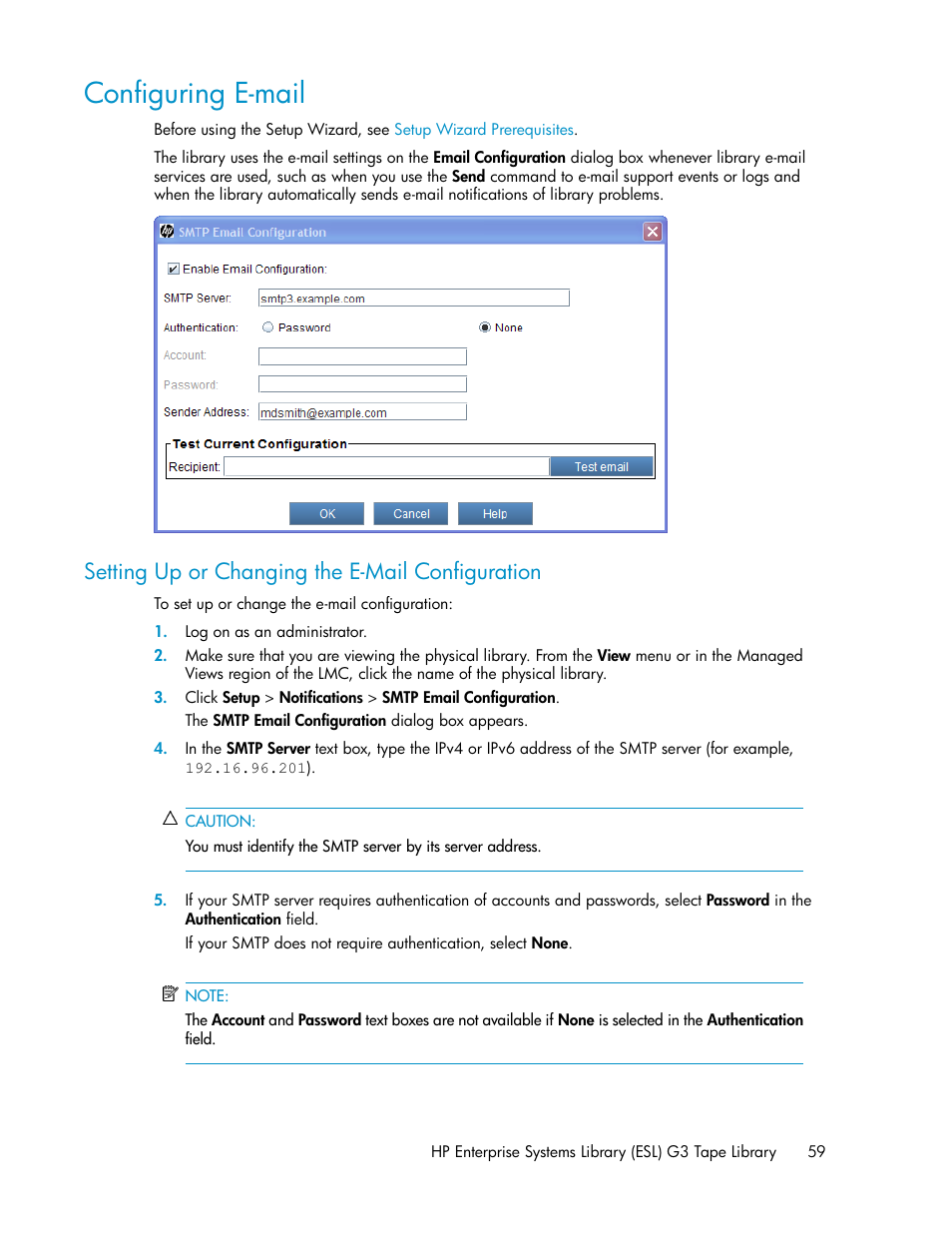 Configuring e-mail, Setting up or changing the e-mail configuration | HP StoreEver ESL G3 Tape Libraries User Manual | Page 59 / 286