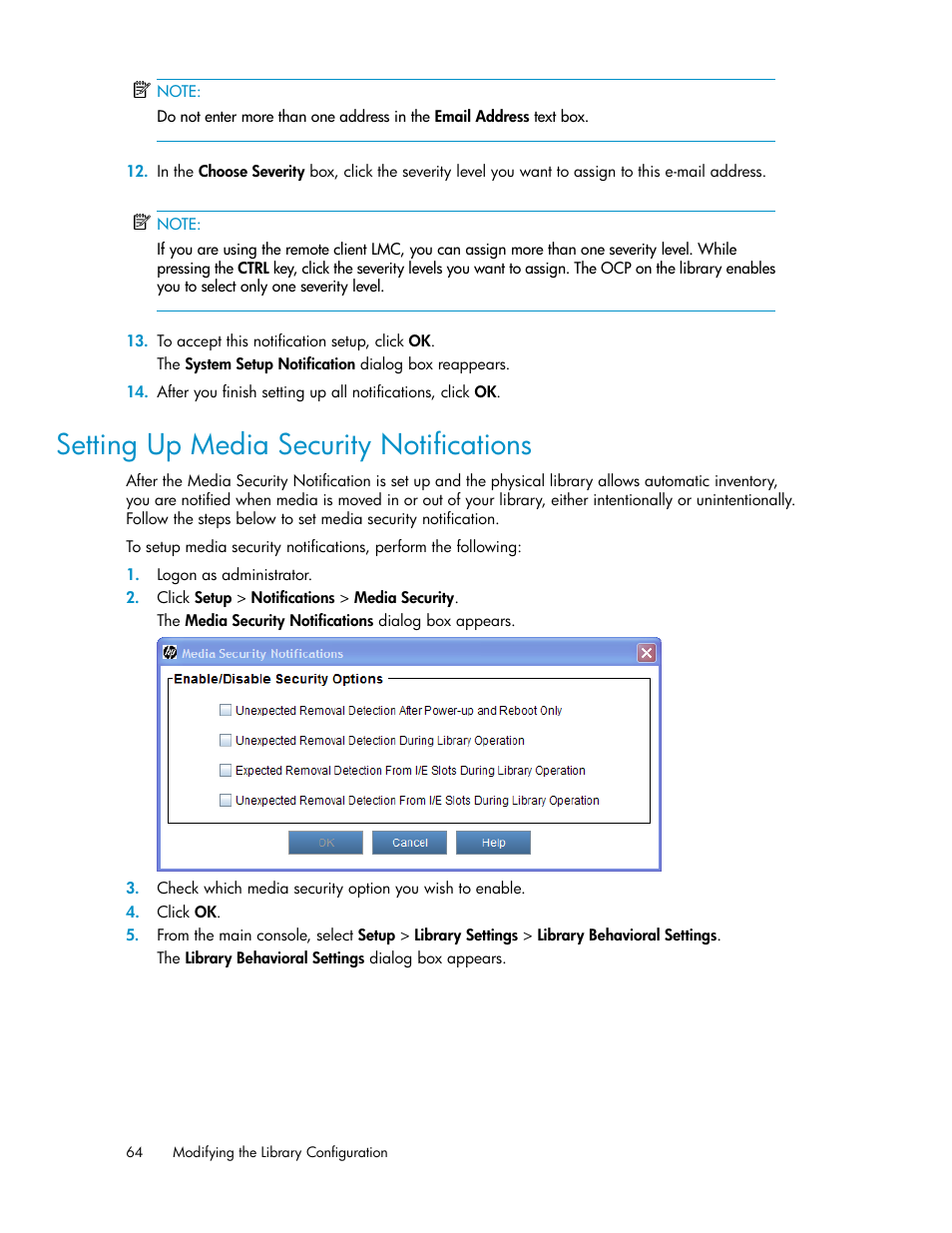 Setting up media security notifications | HP StoreEver ESL G3 Tape Libraries User Manual | Page 64 / 286