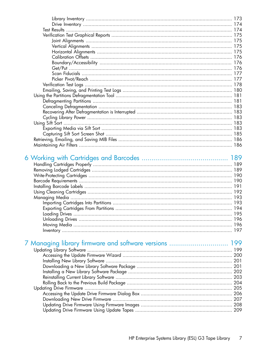 6 working with cartridges and barcodes, 7 managing library firmware and software versions | HP StoreEver ESL G3 Tape Libraries User Manual | Page 7 / 286