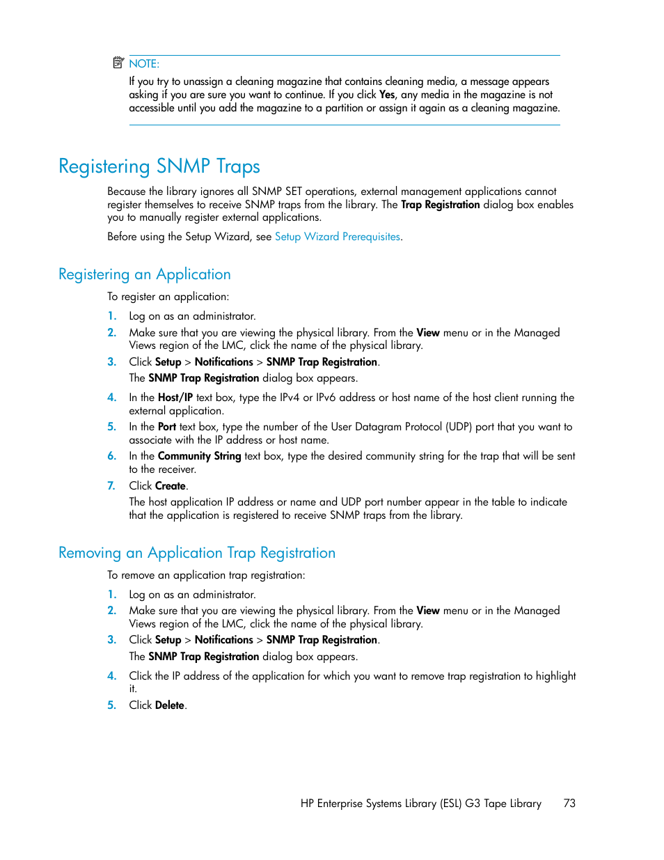 Registering snmp traps, Registering an application, Removing an application trap registration | 73 removing an application trap registration | HP StoreEver ESL G3 Tape Libraries User Manual | Page 73 / 286