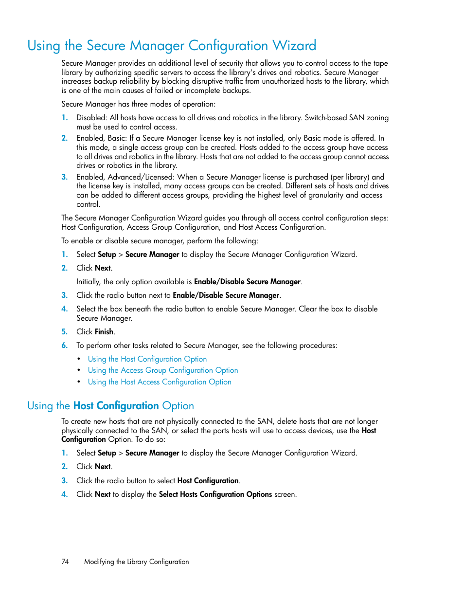 Using the secure manager configuration wizard, Using the host configuration option | HP StoreEver ESL G3 Tape Libraries User Manual | Page 74 / 286