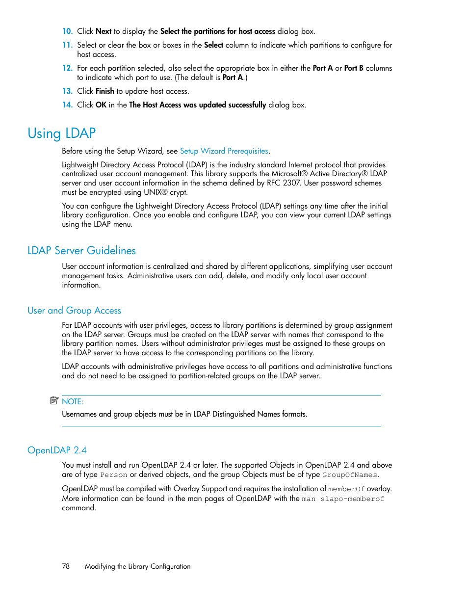 Using ldap, Ldap server guidelines, User and group access | Openldap 2.4, 78 openldap 2.4 | HP StoreEver ESL G3 Tape Libraries User Manual | Page 78 / 286