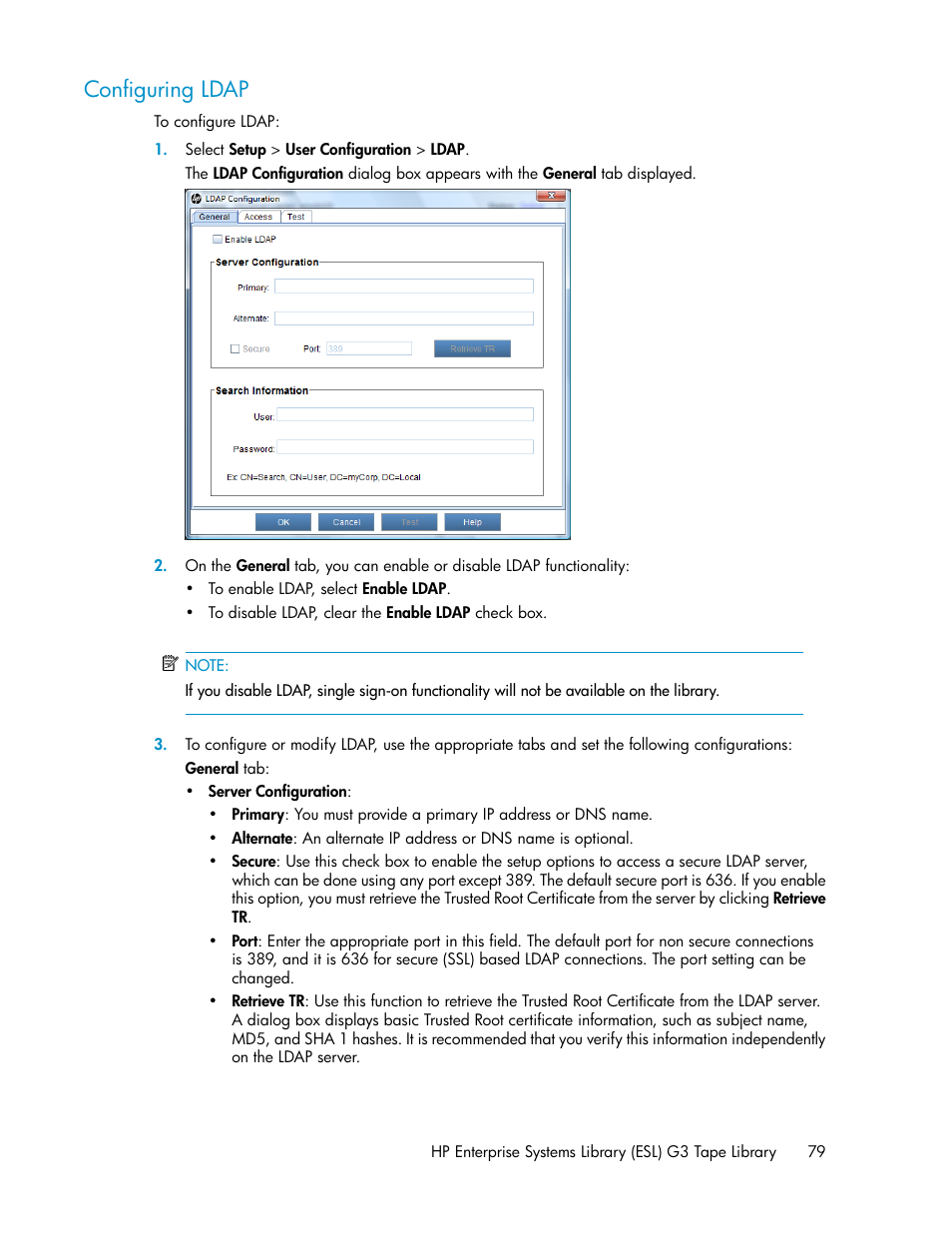 Configuring ldap | HP StoreEver ESL G3 Tape Libraries User Manual | Page 79 / 286