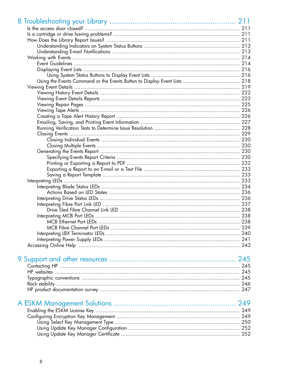 8 troubleshooting your library, 9 support and other resources, A eskm management solutions | HP StoreEver ESL G3 Tape Libraries User Manual | Page 8 / 286