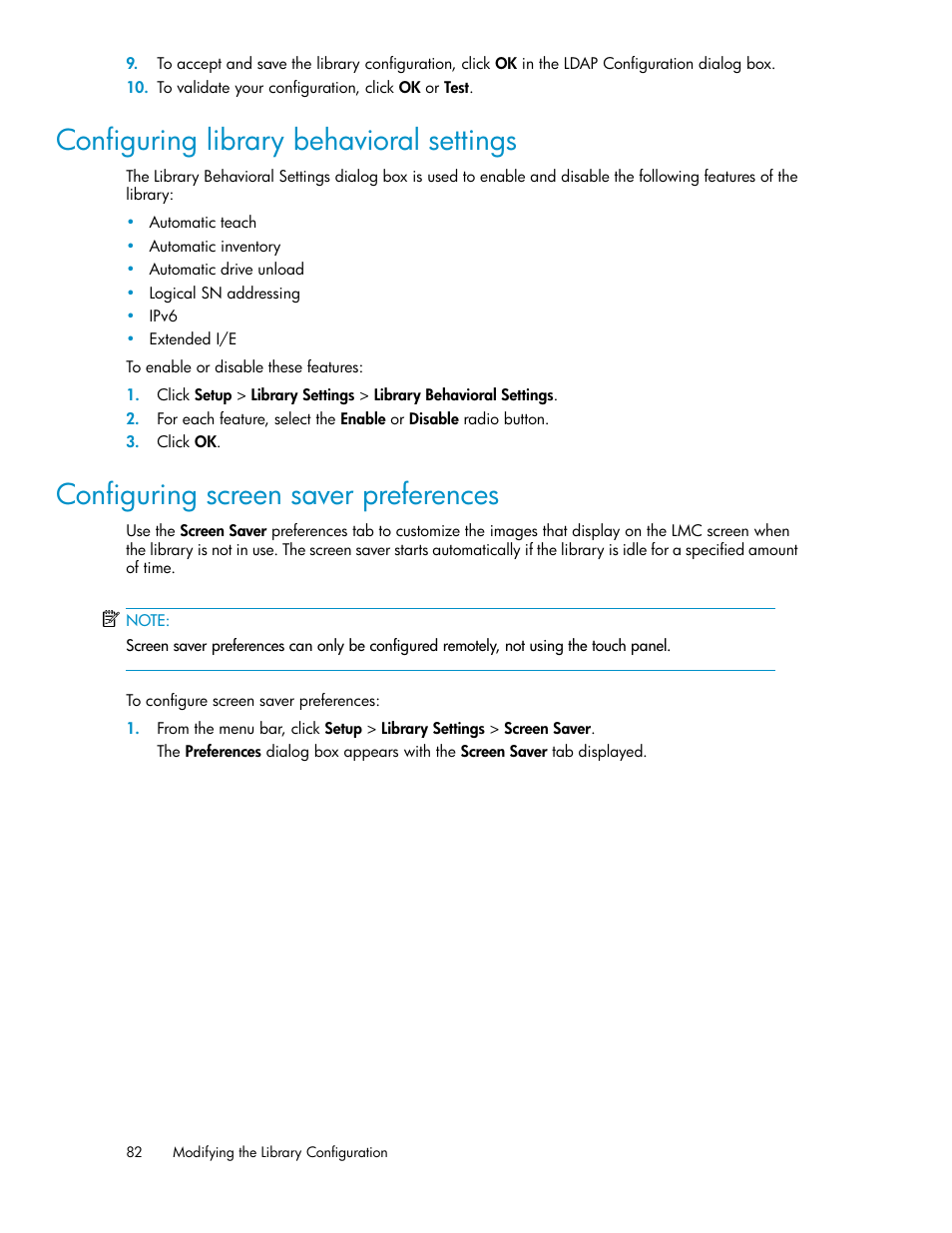 Configuring library behavioral settings, Configuring screen saver preferences, 82 configuring screen saver preferences | HP StoreEver ESL G3 Tape Libraries User Manual | Page 82 / 286