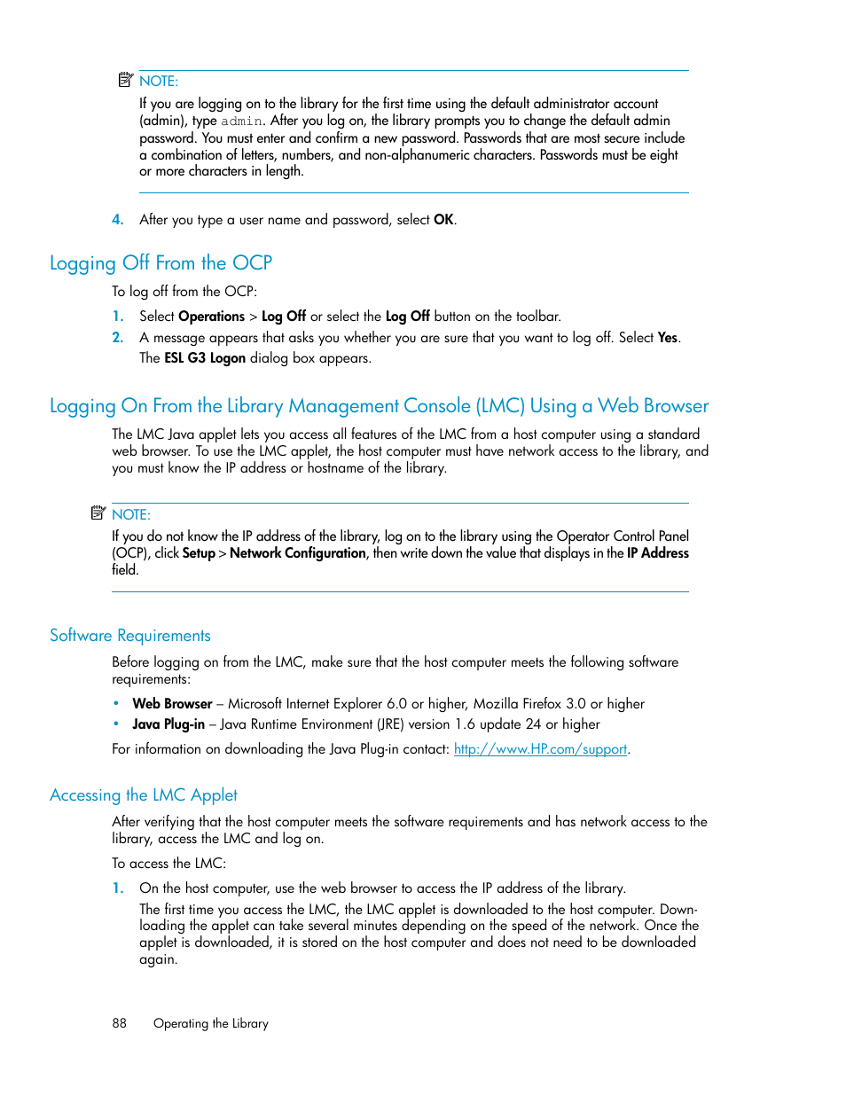 Logging off from the ocp, Software requirements, Accessing the lmc applet | 88 accessing the lmc applet, Logging on from the library, Management console (lmc) using a web browser | HP StoreEver ESL G3 Tape Libraries User Manual | Page 88 / 286