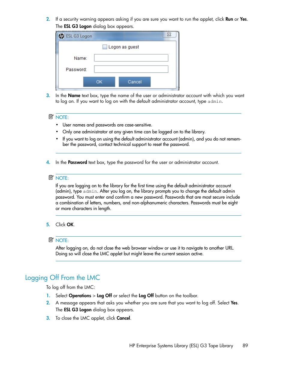 Logging off from the lmc | HP StoreEver ESL G3 Tape Libraries User Manual | Page 89 / 286