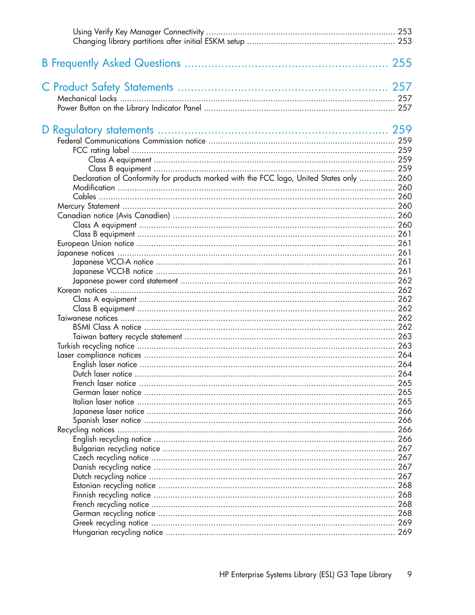 D regulatory statements | HP StoreEver ESL G3 Tape Libraries User Manual | Page 9 / 286