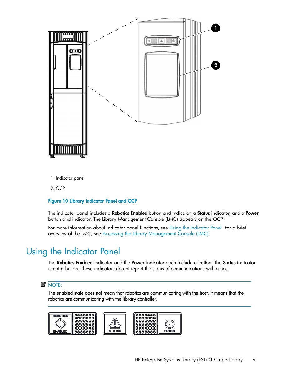 Using the indicator panel, Library indicator panel and ocp | HP StoreEver ESL G3 Tape Libraries User Manual | Page 91 / 286