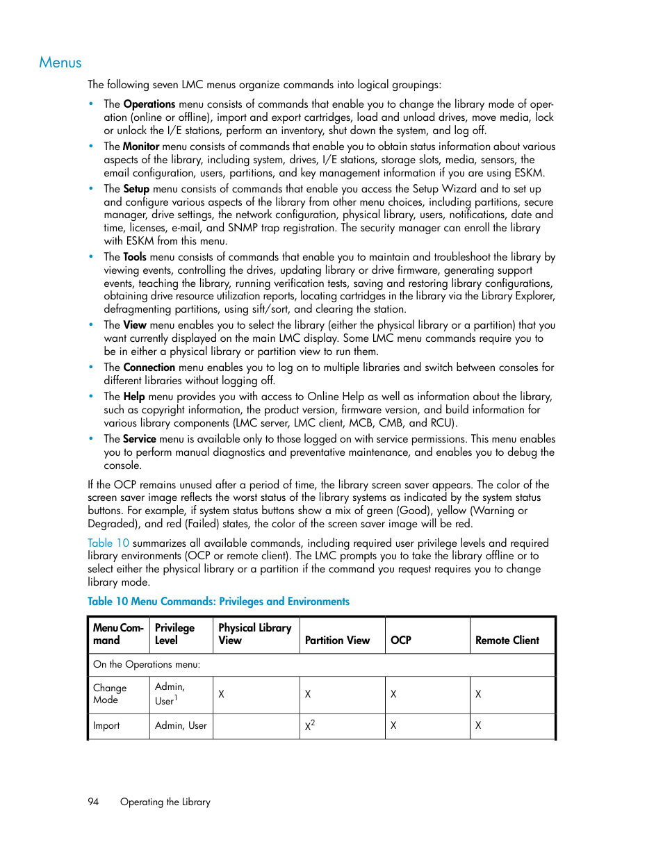 Menus, Menu commands: privileges and environments | HP StoreEver ESL G3 Tape Libraries User Manual | Page 94 / 286