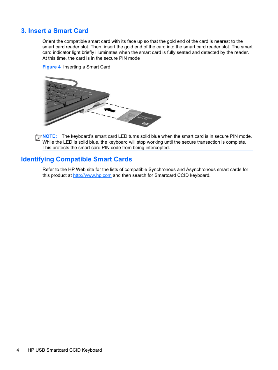 Insert a smart card, Identifying compatible smart cards | HP USB SmartCard CCID Keyboard User Manual | Page 10 / 11