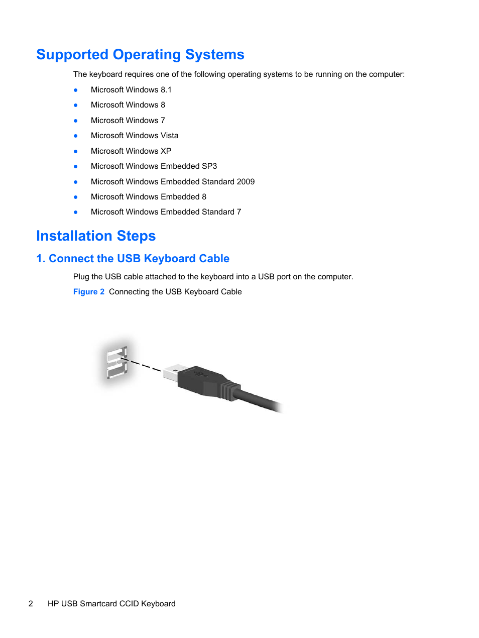 Supported operating systems, Installation steps, Connect the usb keyboard cable | Supported operating systems installation steps | HP USB SmartCard CCID Keyboard User Manual | Page 8 / 11