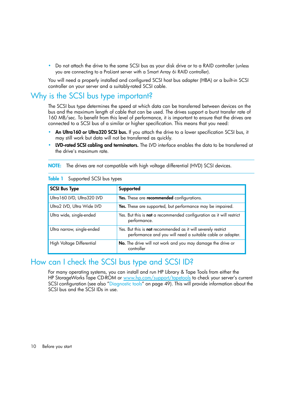 Why is the scsi bus type important, Table 1 supported scsi bus types, How can i check the scsi bus type and scsi id | HP StoreEver DAT Tape Drives User Manual | Page 10 / 64