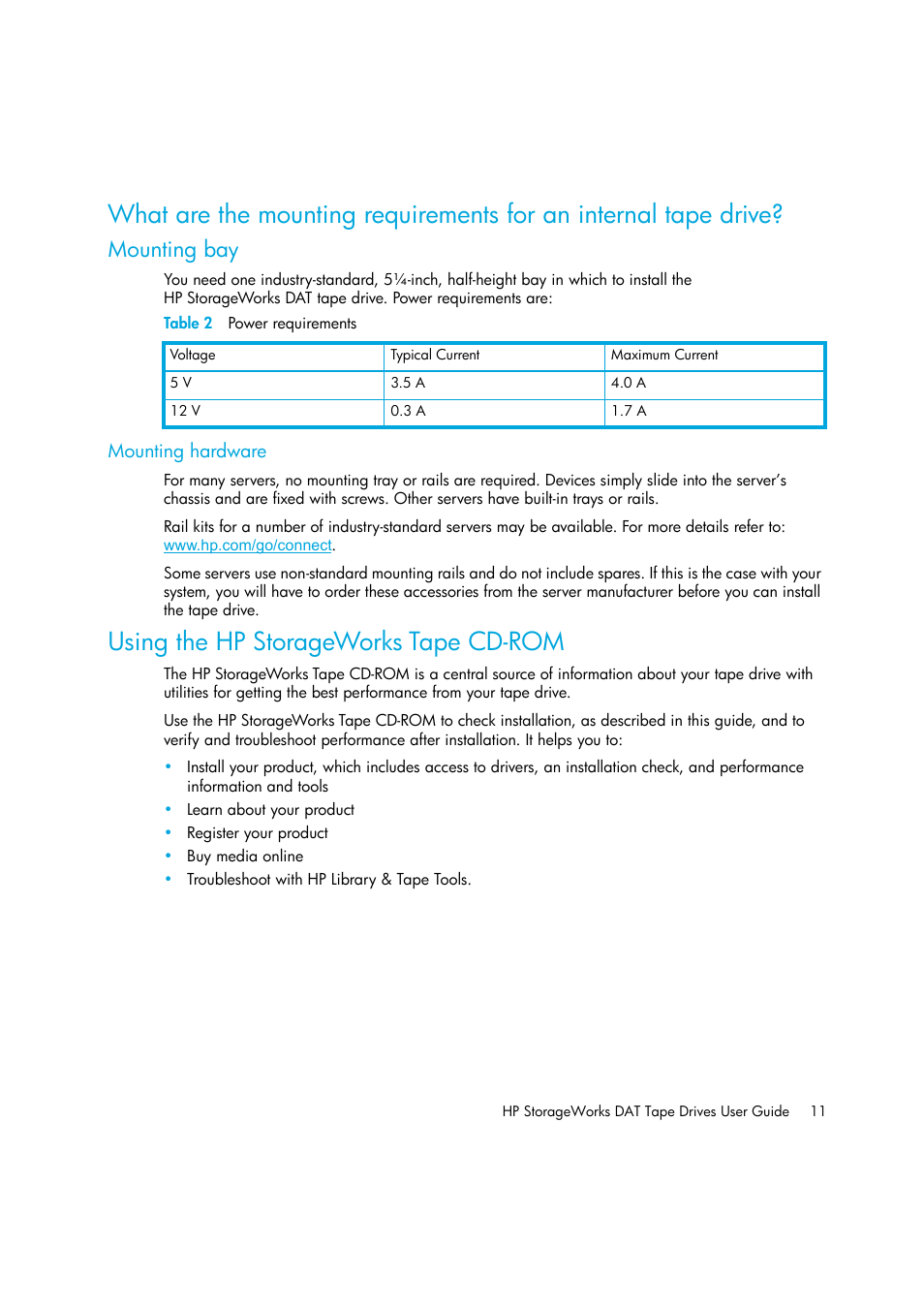Mounting bay, Table 2 power requirements, Mounting hardware | Using the hp storageworks tape cdrom, Using the hp storageworks tape cd-rom | HP StoreEver DAT Tape Drives User Manual | Page 11 / 64