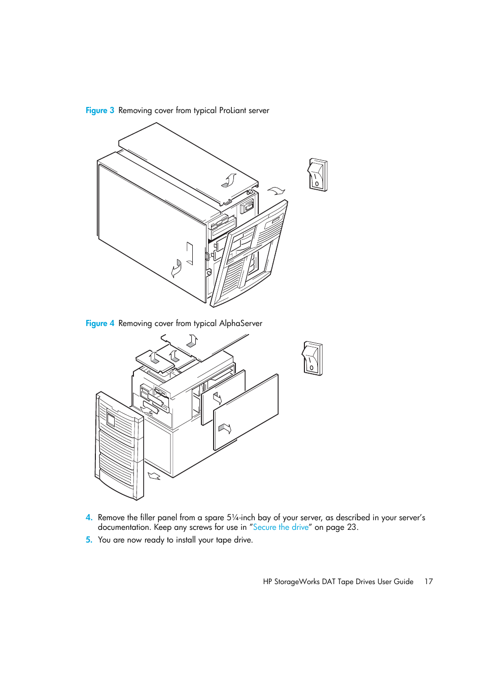 Figure 4 removing cover from typical alphaserver | HP StoreEver DAT Tape Drives User Manual | Page 17 / 64