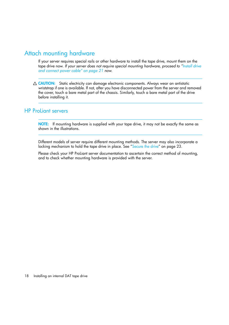 Attach mounting hardware, Hp proliant servers | HP StoreEver DAT Tape Drives User Manual | Page 18 / 64