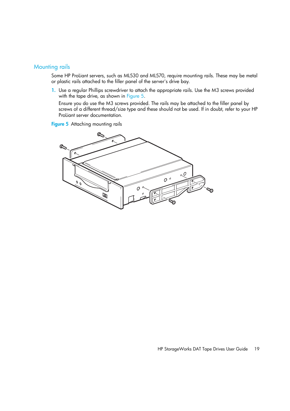 Mounting rails, Figure 5 attaching mounting rails | HP StoreEver DAT Tape Drives User Manual | Page 19 / 64