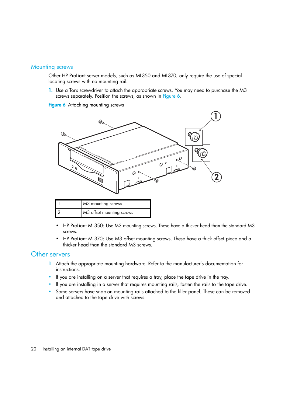 Mounting screws, Figure 6 attaching mounting screws, Other servers | HP StoreEver DAT Tape Drives User Manual | Page 20 / 64