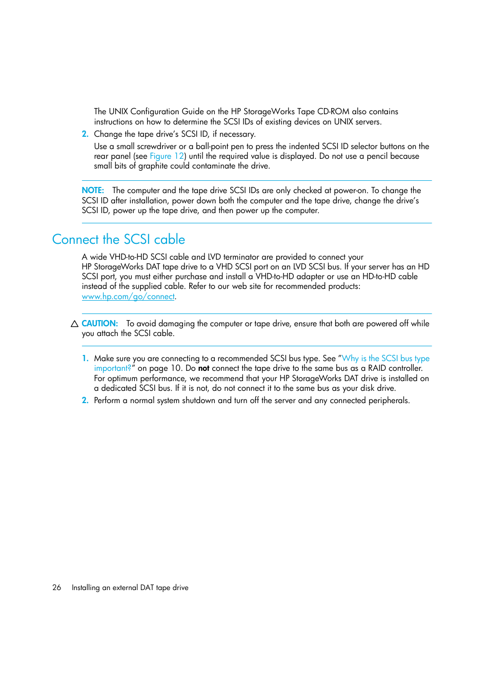 Connect the scsi cable | HP StoreEver DAT Tape Drives User Manual | Page 26 / 64