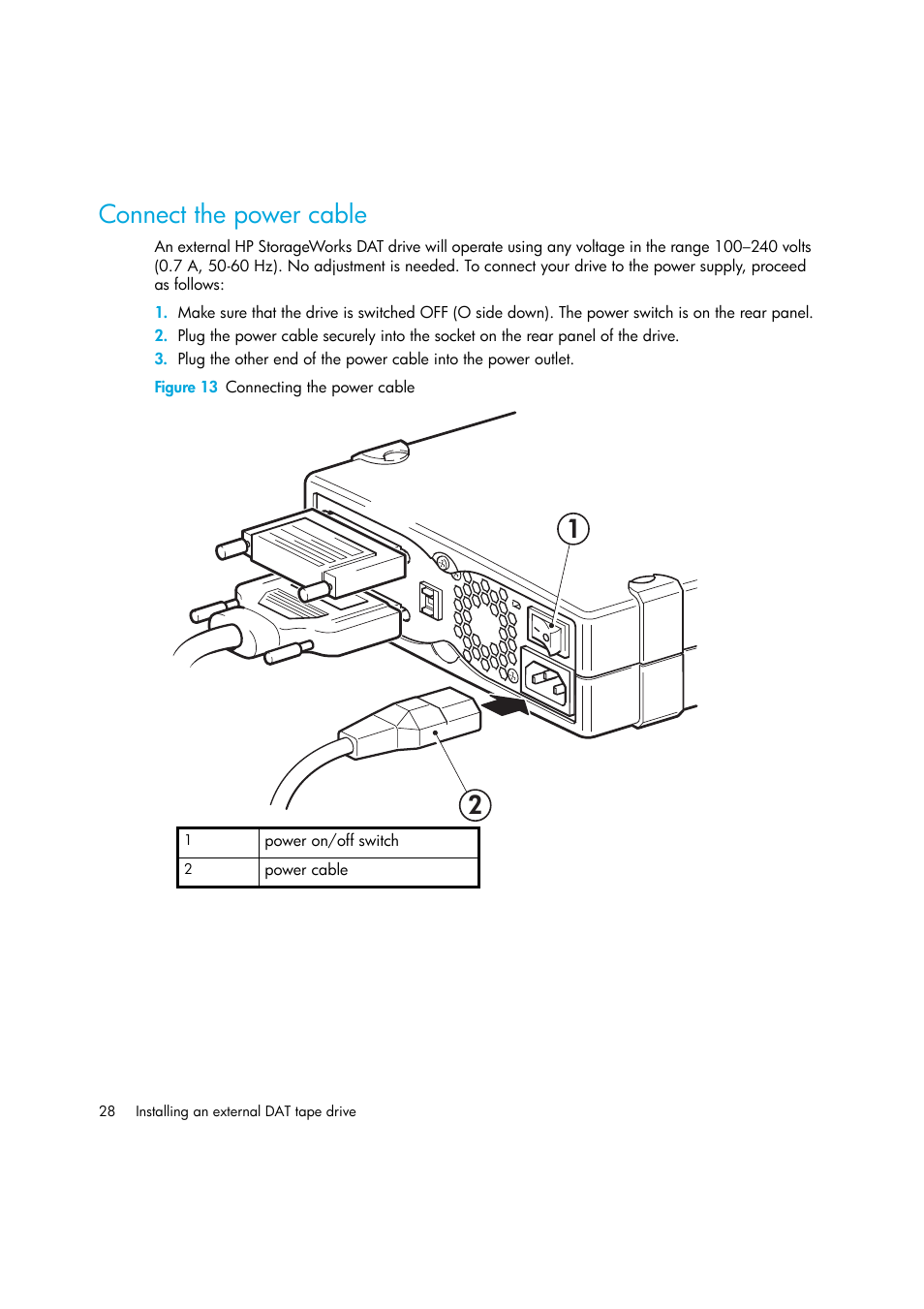 Connect the power cable, Figure 13 connecting the power cable | HP StoreEver DAT Tape Drives User Manual | Page 28 / 64
