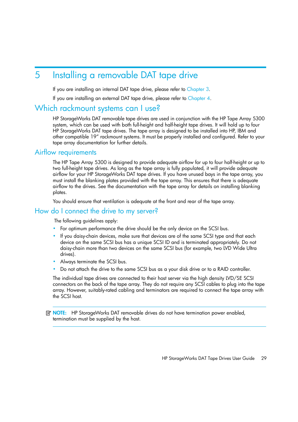 Installing a removable dat tape drive, Which rackmount systems can i use, Airflow requirements | How do i connect the drive to my server, 5 installing a removable dat tape drive, 5installing a removable dat tape drive | HP StoreEver DAT Tape Drives User Manual | Page 29 / 64