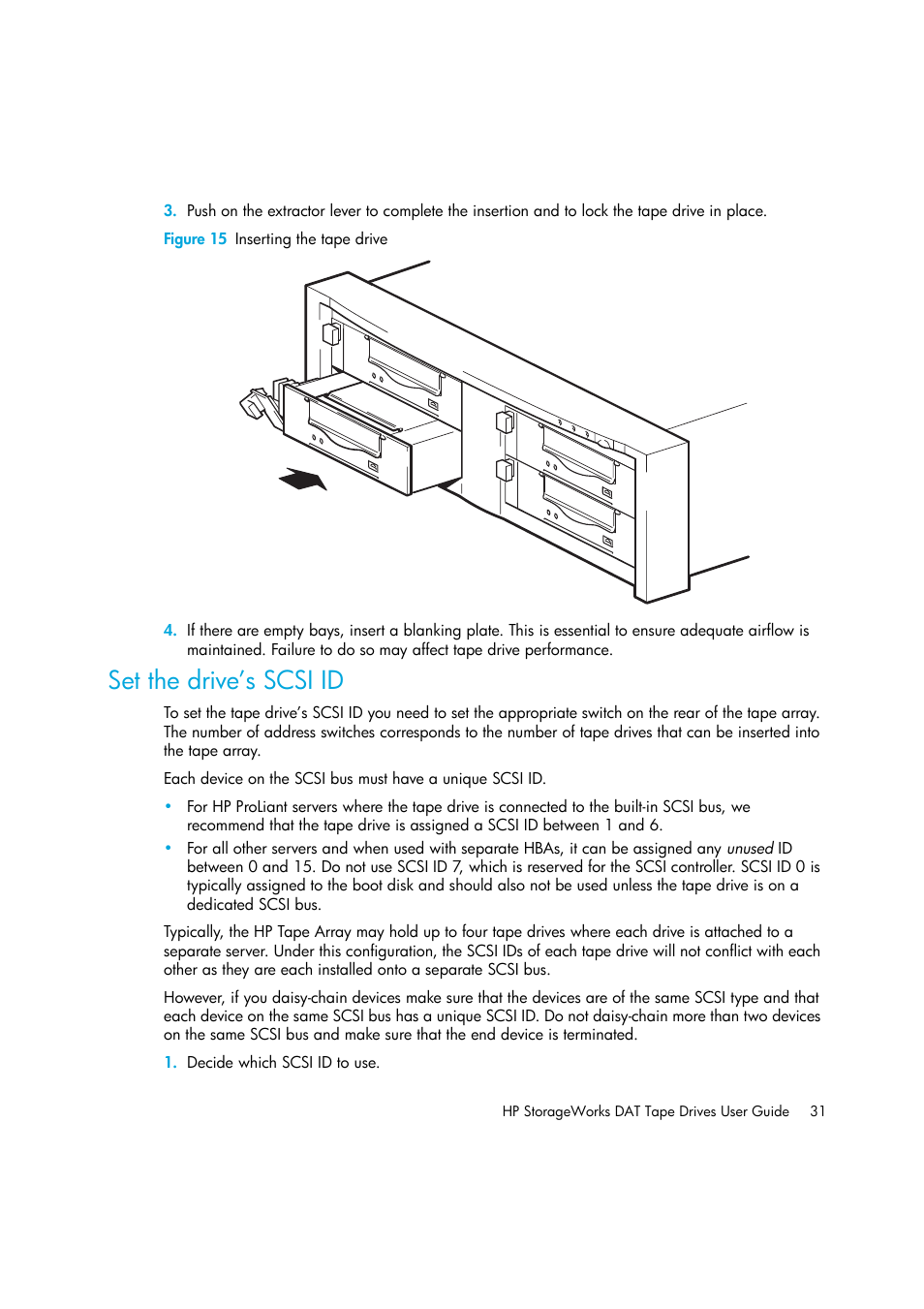 Figure 15 inserting the tape drive, Set the drive’s scsi id | HP StoreEver DAT Tape Drives User Manual | Page 31 / 64