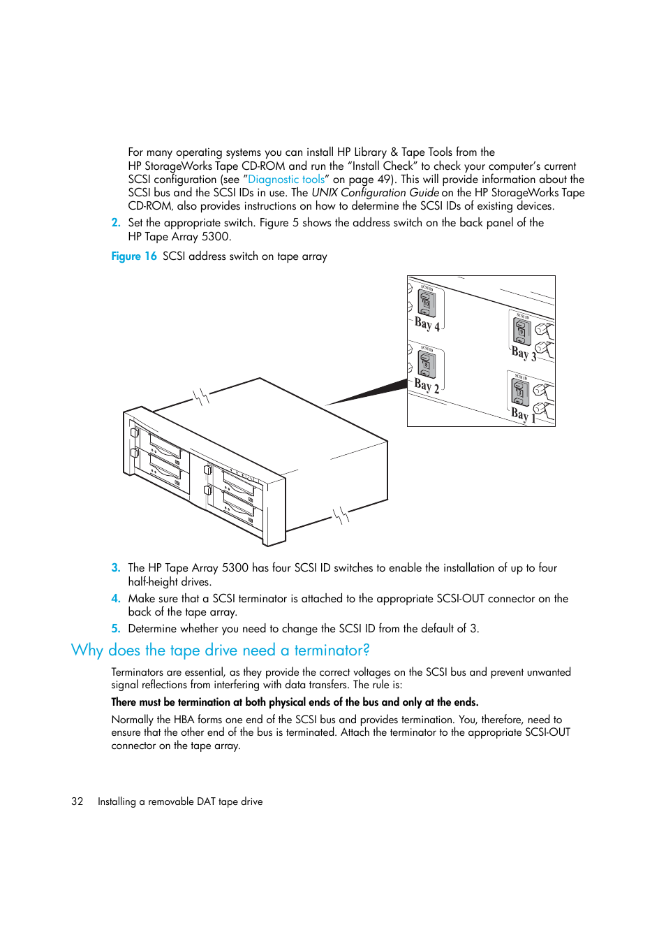 Figure 16 scsi address switch on tape array, Why does the tape drive need a terminator, Bay 4 | Bay 2, Bay 3, Bay 1 | HP StoreEver DAT Tape Drives User Manual | Page 32 / 64