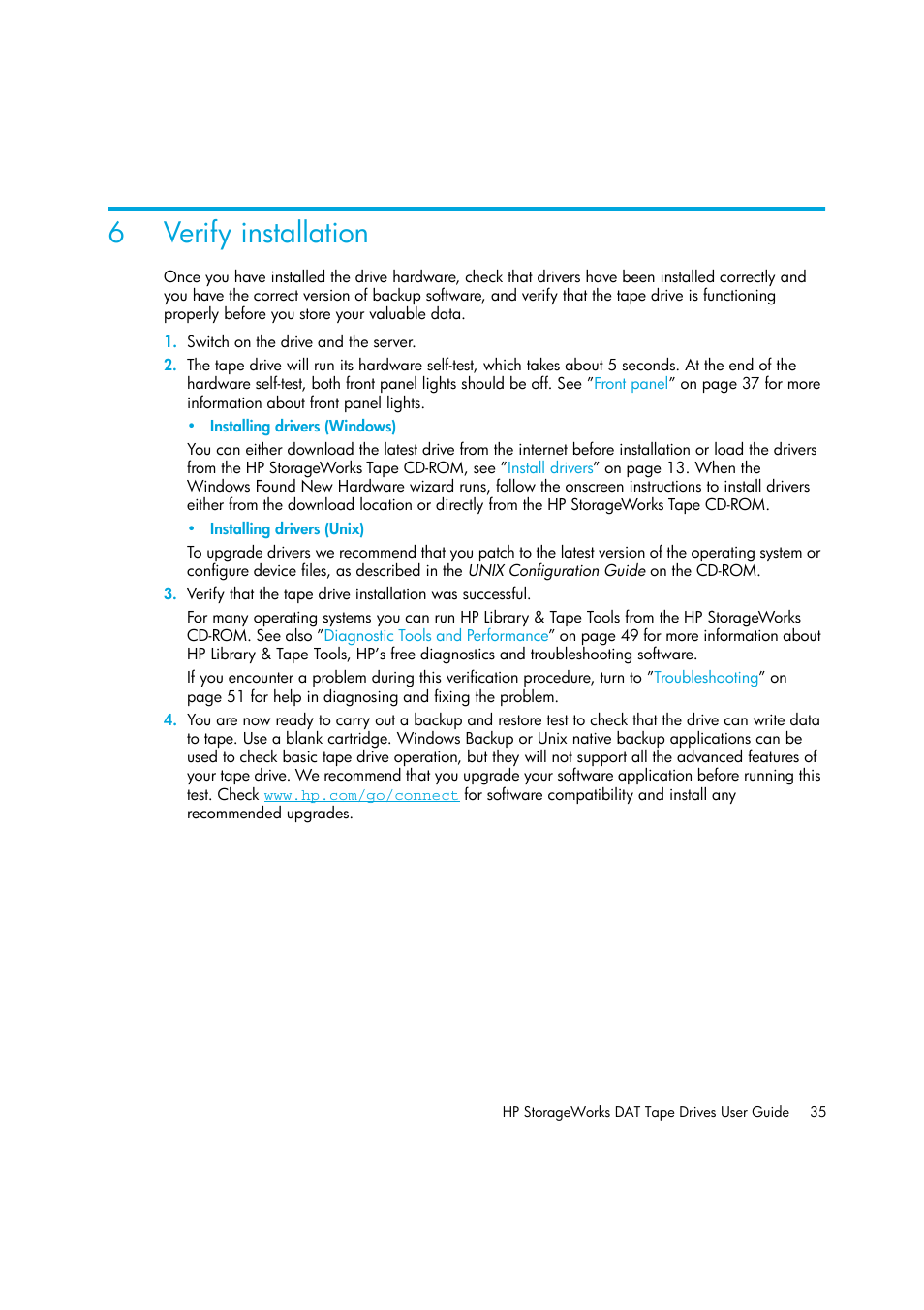 Verify installation, 6 verify installation, 6verify installation | HP StoreEver DAT Tape Drives User Manual | Page 35 / 64