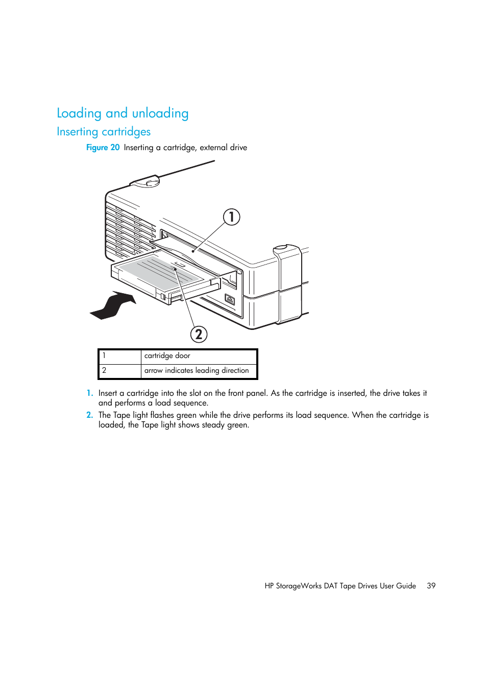 Loading and unloading, Inserting cartridges, Figure 20 inserting a cartridge, external drive | HP StoreEver DAT Tape Drives User Manual | Page 39 / 64