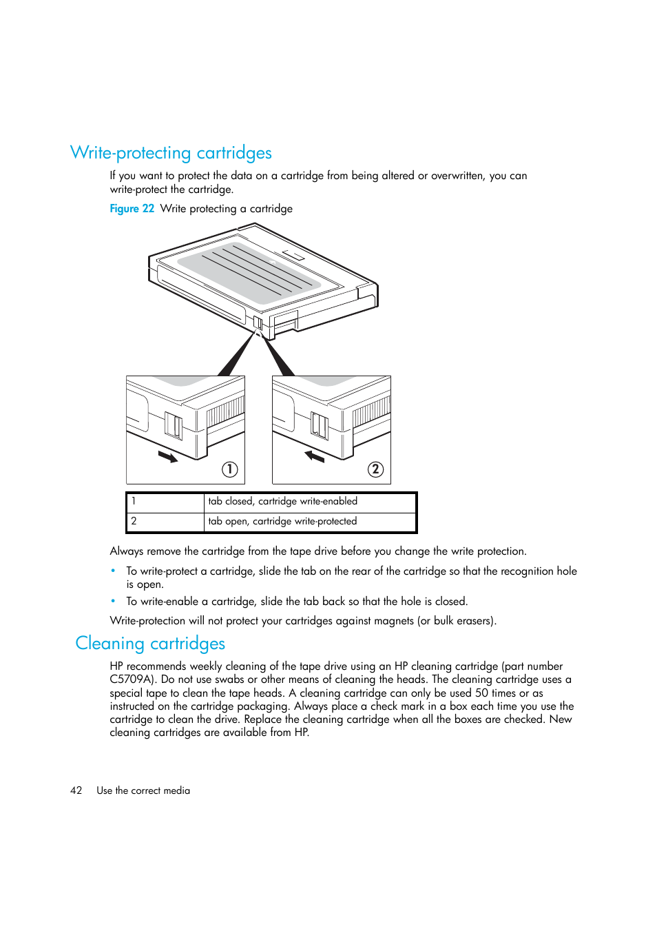 Write-protecting cartridges, Figure 22 write protecting a cartridge, Cleaning cartridges | HP StoreEver DAT Tape Drives User Manual | Page 42 / 64