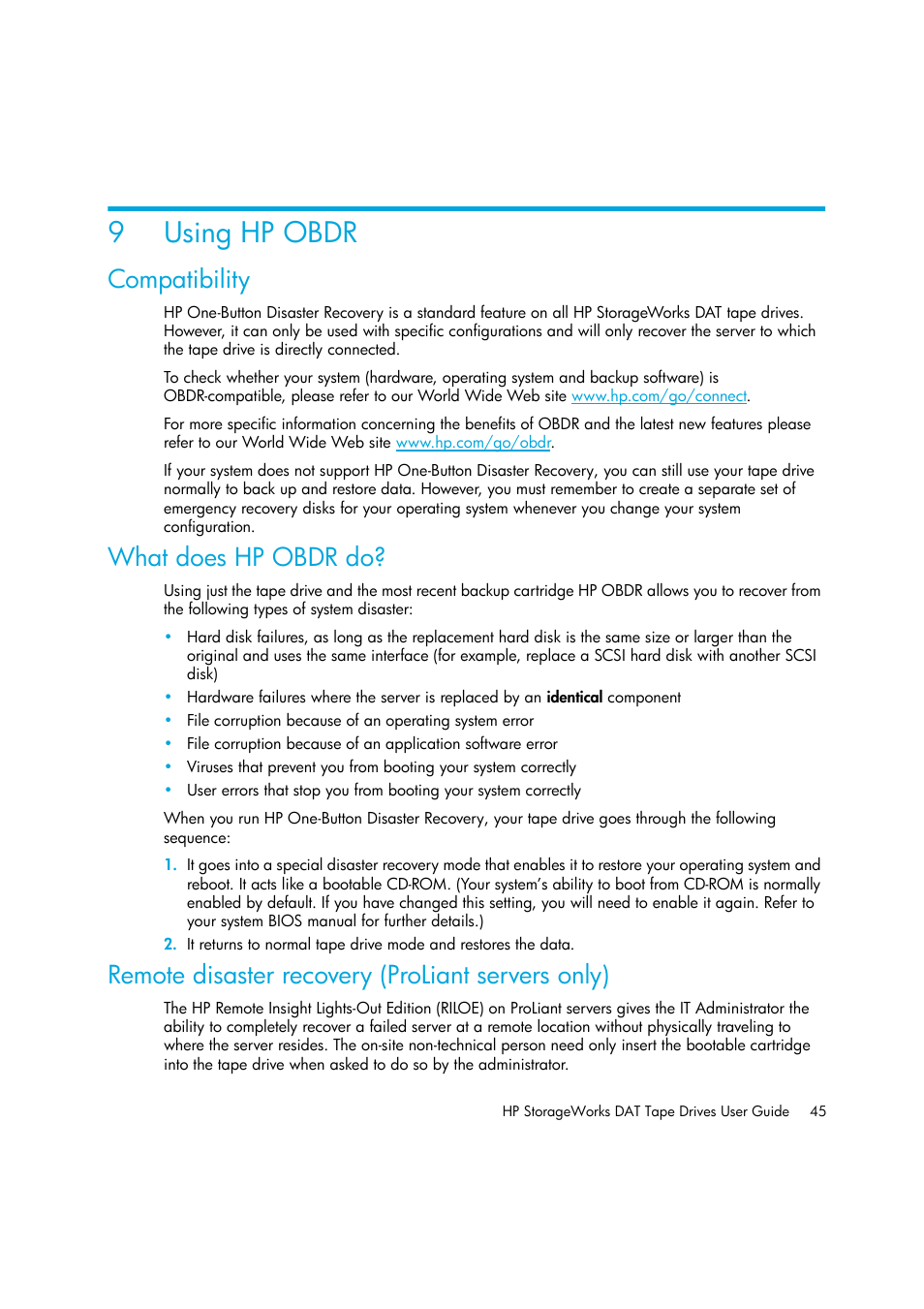 Using hp obdr, Compatibility, What does hp obdr do | Remote disaster recovery (proliant servers only), 9 using hp obdr, 9using hp obdr | HP StoreEver DAT Tape Drives User Manual | Page 45 / 64