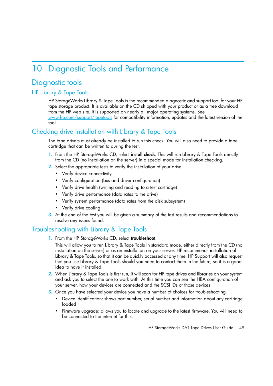 Diagnostic tools and performance, Diagnostic tools, Hp library & tape tools | Troubleshooting with library & tape tools, 10diagnostic tools and performance, 10 diagnostic tools and performance | HP StoreEver DAT Tape Drives User Manual | Page 49 / 64