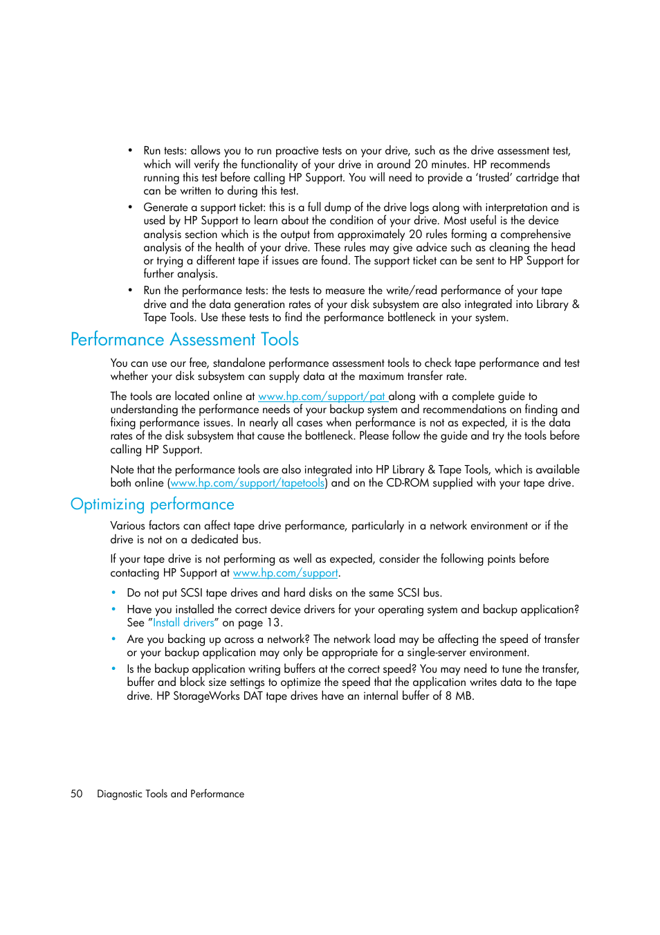 Performance assessment tools, Optimizing performance | HP StoreEver DAT Tape Drives User Manual | Page 50 / 64