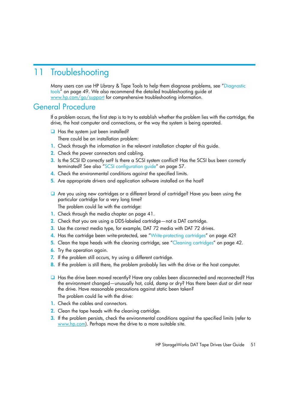 Troubleshooting, General procedure, 11troubleshooting | 11 troubleshooting | HP StoreEver DAT Tape Drives User Manual | Page 51 / 64