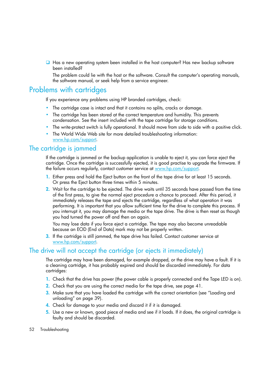 Problems with cartridges, The cartridge is jammed | HP StoreEver DAT Tape Drives User Manual | Page 52 / 64