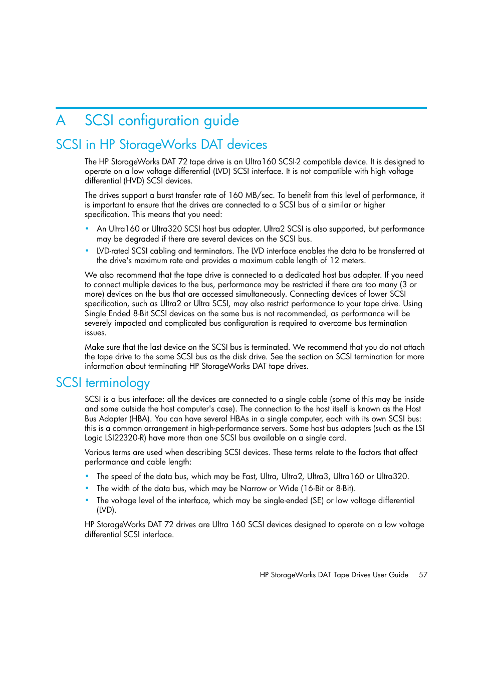 Scsi configuration guide, Scsi in hp storageworks dat devices, Scsi terminology | A scsi configuration guide, Scsi, Configuration guide | HP StoreEver DAT Tape Drives User Manual | Page 57 / 64