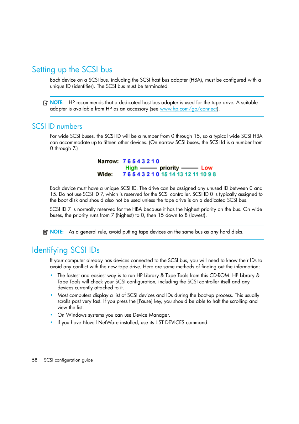 Setting up the scsi bus, Scsi id numbers, Identifying scsi ids | HP StoreEver DAT Tape Drives User Manual | Page 58 / 64