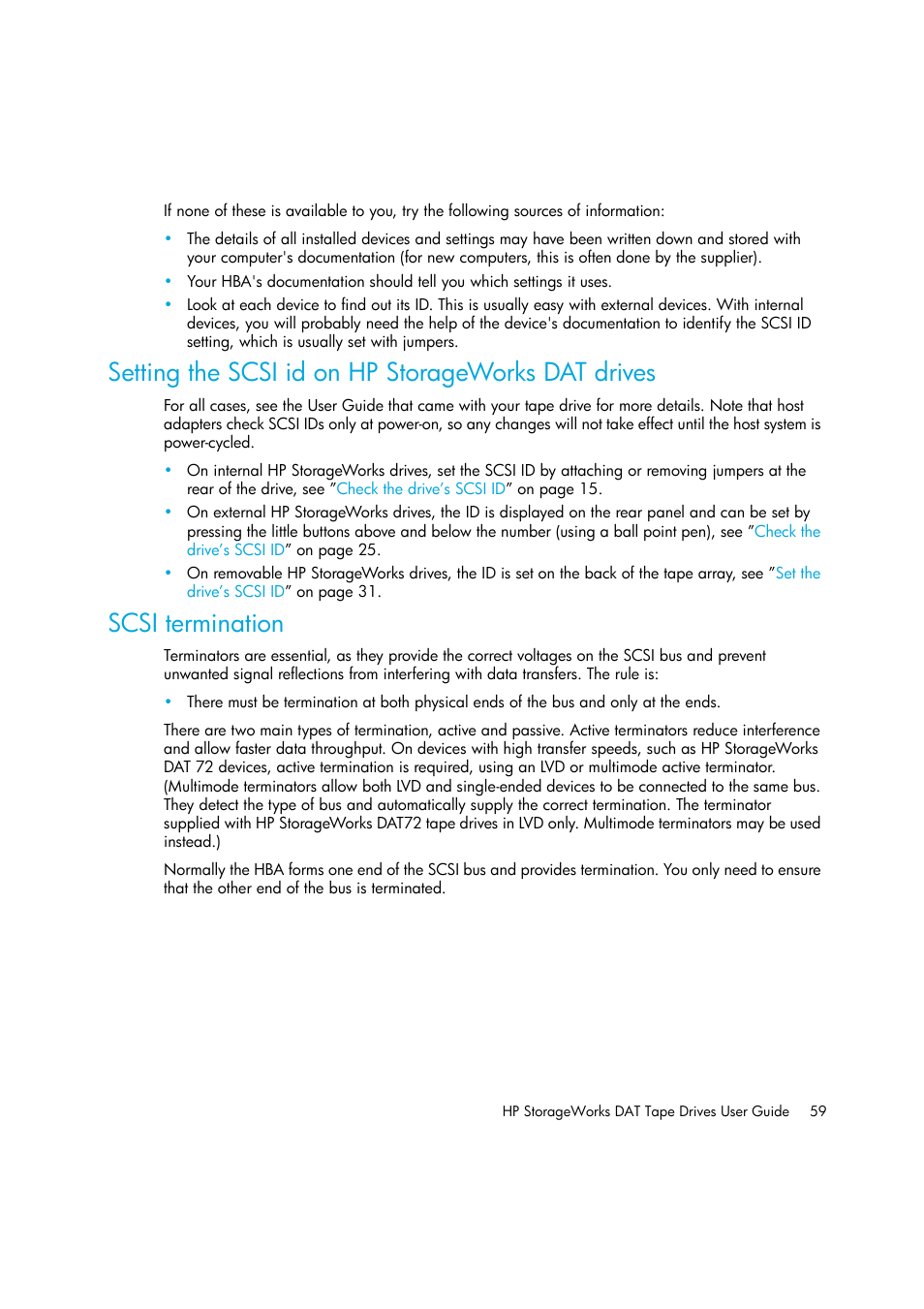 Setting the scsi id on hp storageworks dat drives, Scsi termination | HP StoreEver DAT Tape Drives User Manual | Page 59 / 64