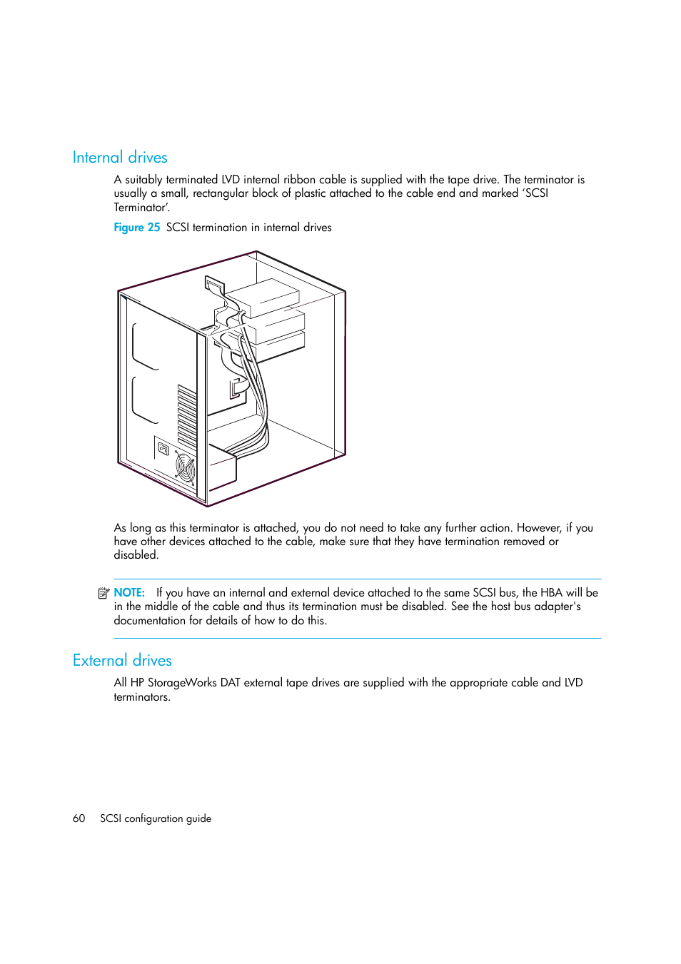 Internal drives, Figure 25 scsi termination in internal drives, External drives | HP StoreEver DAT Tape Drives User Manual | Page 60 / 64
