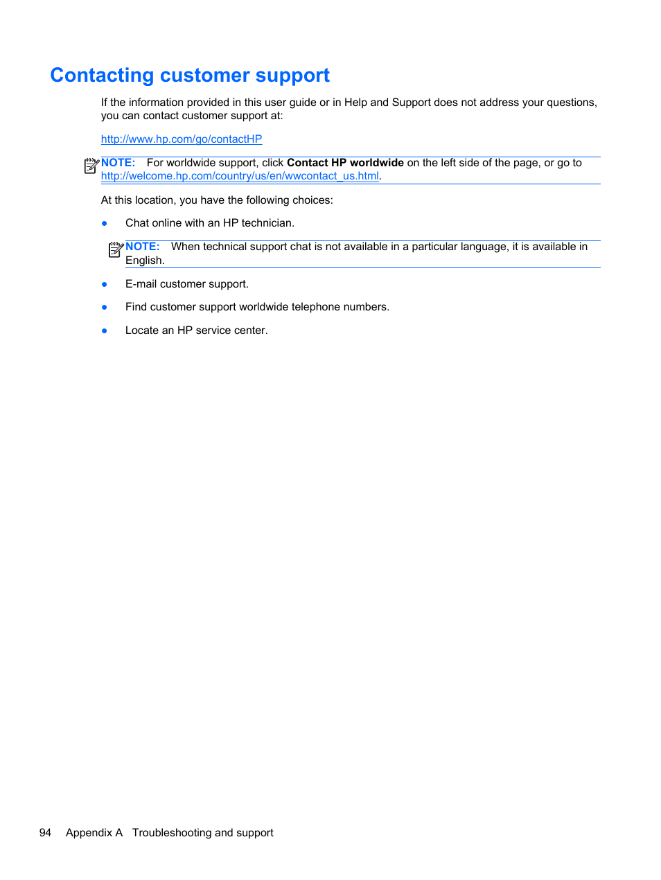 Contacting customer support | HP Pavilion dv6-6c40ca Entertainment Notebook PC User Manual | Page 104 / 117