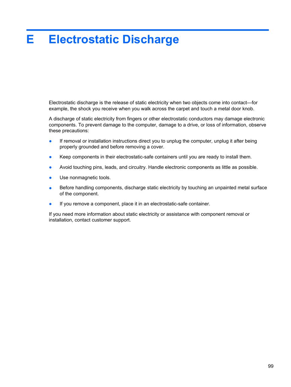 Electrostatic discharge, Appendix e electrostatic discharge, Eelectrostatic discharge | HP Pavilion dv6-6c40ca Entertainment Notebook PC User Manual | Page 109 / 117